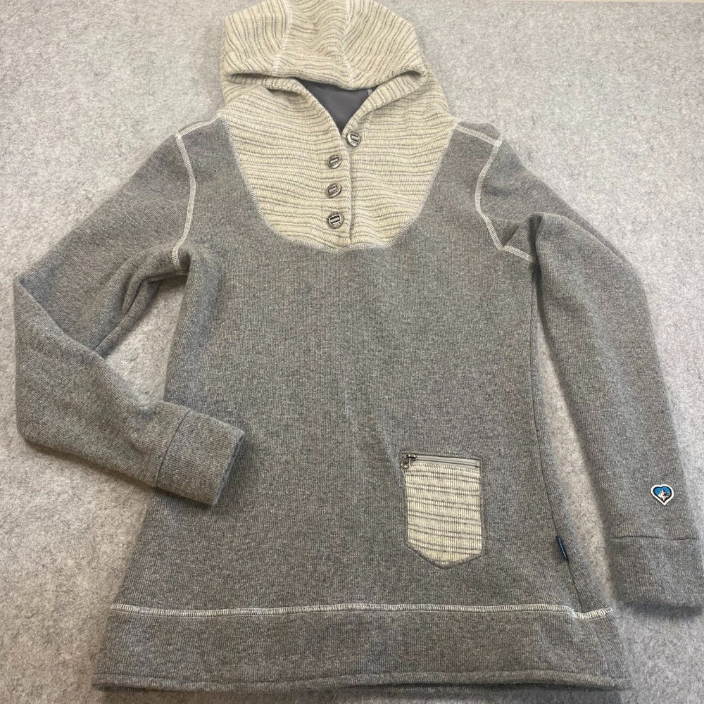 Kuhl Chianti Fleece Hoodie Womens XS Grey Striped Henley Pullover Sweater‎